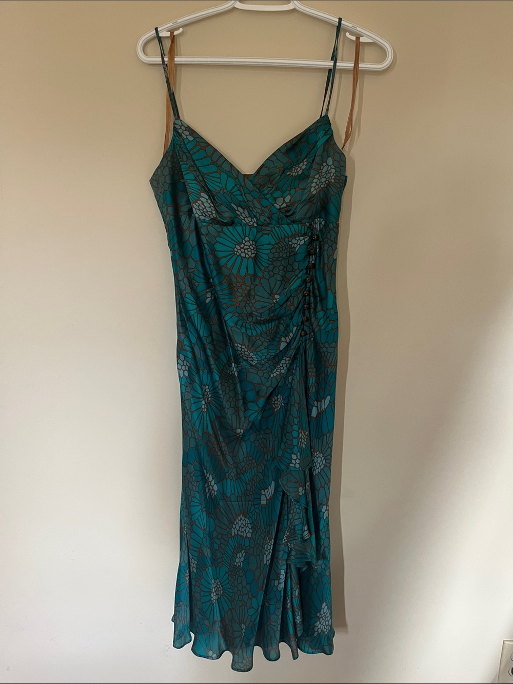 Anne Klein Teal Floral Slip Midi Dress 100% silk)